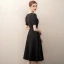 Elegant Black Satin Homecoming Graduation Dresses 2020 A-Line / Princess V-Neck Short Sleeve Knee-Length Formal Dresses