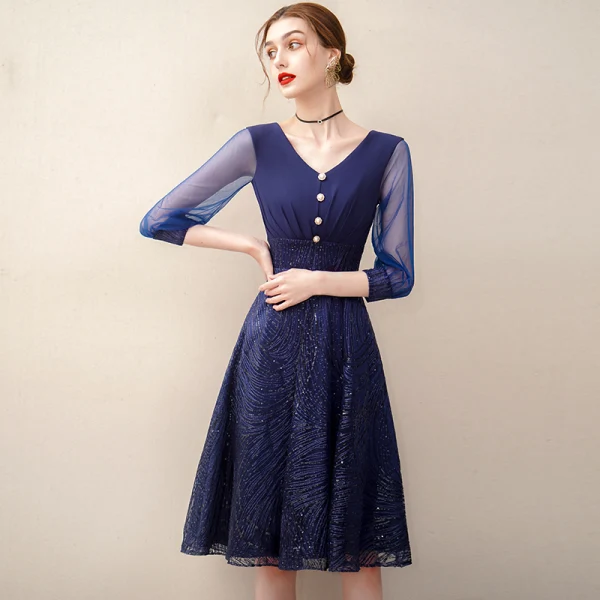 Chic / Beautiful Navy Blue Homecoming Sequins Graduation Dresses 2020 A-Line / Princess V-Neck 3/4 Sleeve Knee-Length Formal Dresses