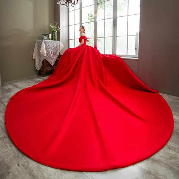Luxury / Gorgeous Red Wedding Dresses 2020 Ball Gown Satin Off-The-Shoulder Sleeveless Backless Royal Train Wedding
