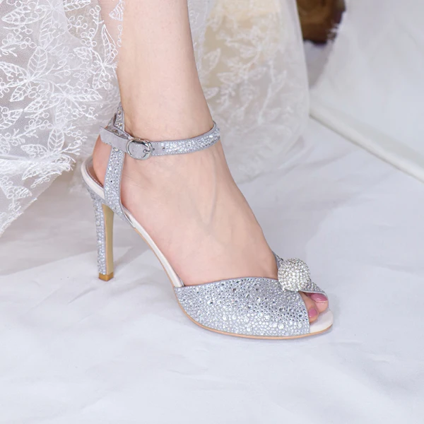 Sparkly Silver Rhinestone Wedding Shoes 2020 Ankle Strap 9 cm Stiletto Heels Open / Peep Toe Wedding Sandals