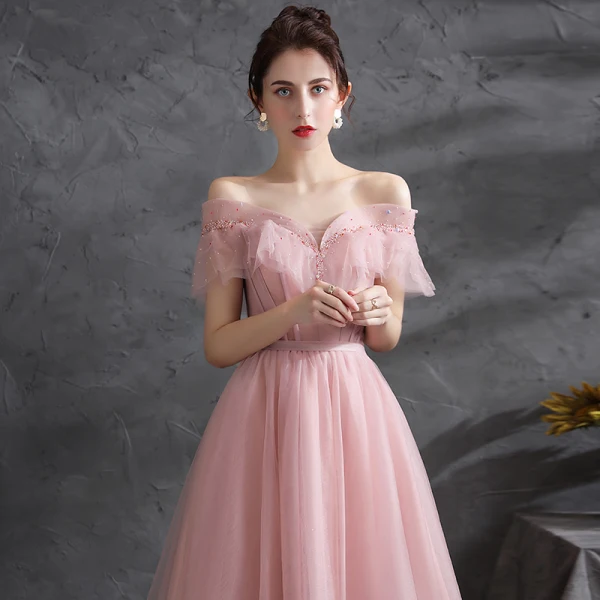 Chic / Beautiful Blushing Pink Prom Dresses 2021 A-Line / Princess Off-The-Shoulder Beading Rhinestone Short Sleeve Backless Floor-Length / Long Evening Party Formal Dresses