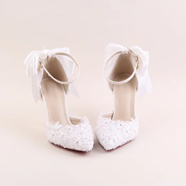 Elegant Ivory Wedding Shoes 2020 Rhinestone Lace Flower Bow 9 cm Stiletto Heels Pointed Toe Wedding Sandals