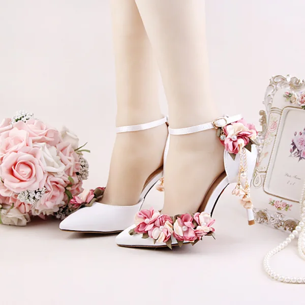 Chic / Beautiful White Flower Outdoor / Garden Womens Sandals 2020 Ankle Strap 9 cm Stiletto Heels Pointed Toe Sandals