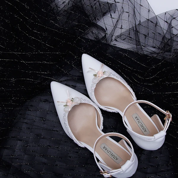 Chic / Beautiful White Bridesmaid Womens Sandals 2020 Ankle Strap Lace Flower 9 cm Stiletto Heels Pointed Toe Sandals