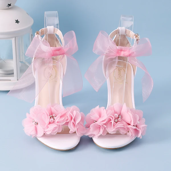 Chic / Beautiful White Outdoor / Garden Womens Sandals 2020 Bow Ankle Strap Pearl Rhinestone 7 cm Stiletto Heels Open / Peep Toe Sandals