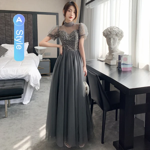 Chic / Beautiful Black Grey Bridesmaid Dresses 2021 A-Line / Princess Scoop Neck Beading Sequins Short Sleeve Backless Floor-Length / Long Bridesmaid Wedding Party Dresses