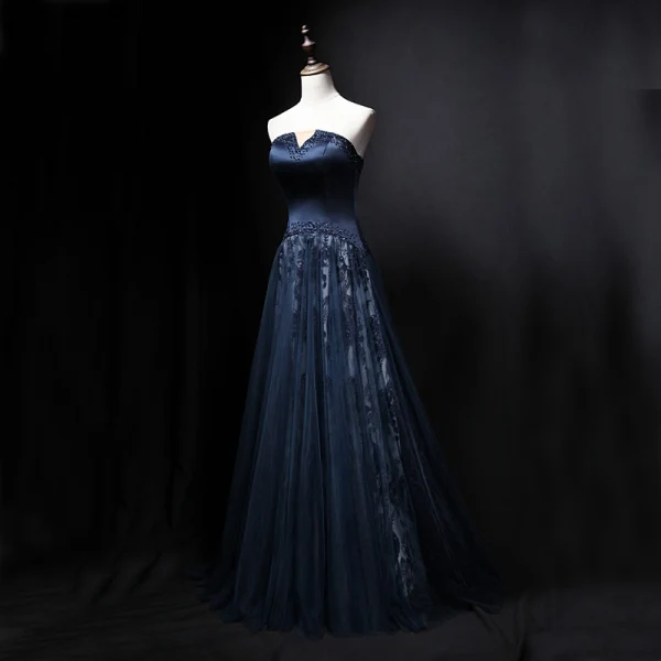 Chic / Beautiful Navy Blue Evening Dresses 2018 A-Line / Princess Crystal Strapless Sleeveless Backless Floor-Length / Long Formal Dresses