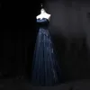 Chic / Belle Bleu Marine Robe De Soirée 2018 Princesse Cristal Bustier Sans Manches Dos Nu Longue Robe De Ceremonie