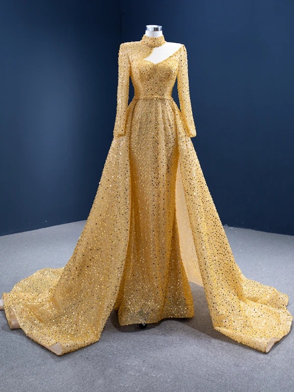 Sparkly Gold Beading Pearl Sequins Evening Dresses  2021 Trumpet / Mermaid High Neck Long Sleeve Court Train Evening Party Formal Dresses
