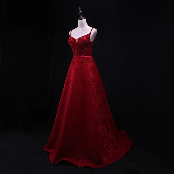 Chic / Belle Bordeaux Robe De Soirée 2018 Princesse Perlage En Dentelle Cristal Ceinture Paillettes Bretelles Spaghetti Sans Manches Dos Nu Train De Balayage Robe De Ceremonie
