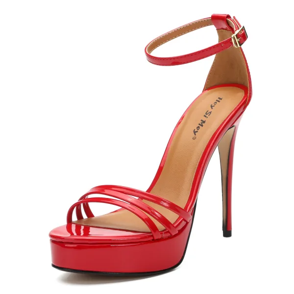 Modest / Simple Black Street Wear Womens Sandals 2020 Patent Leather Ankle Strap 13 cm Stiletto Heels Open / Peep Toe Sandals