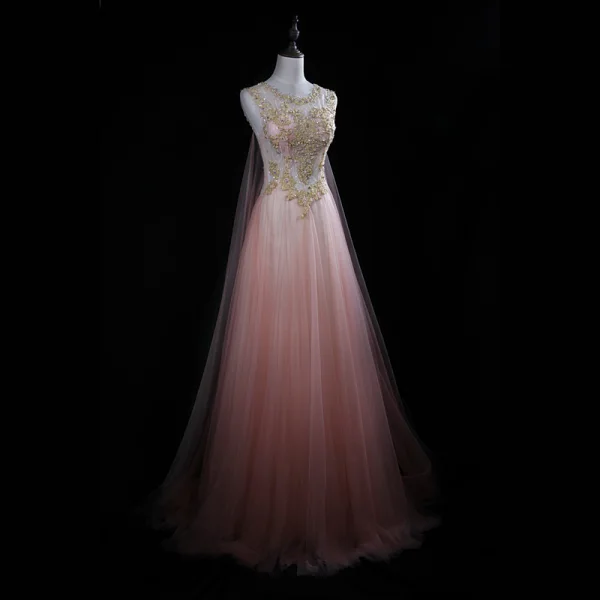 Chic / Beautiful Blushing Pink Evening Dresses 2018 A-Line / Princess Handmade Beading Pearl Sequins Lace Scoop Neck Sleeveless Floor-Length / Long Formal Dresses
