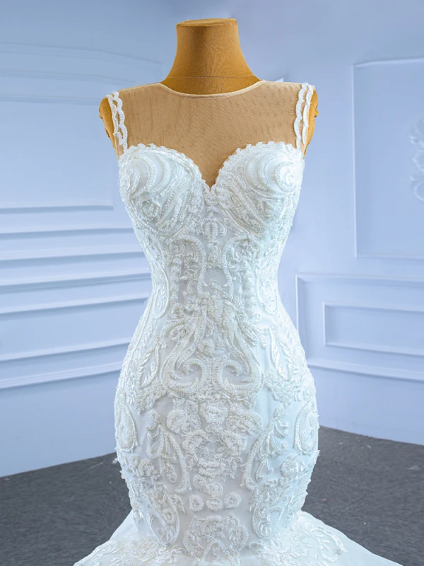 High-end Ivory Lace Cascading Ruffles Wedding Dresses 2021 Trumpet / Mermaid Scoop Neck Beading Sleeveless Backless Court Train Wedding