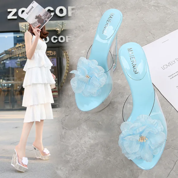 Transparent Charming Outdoor / Garden White Womens Sandals 2020 Flower 14 cm Wedges Open / Peep Toe Sandals