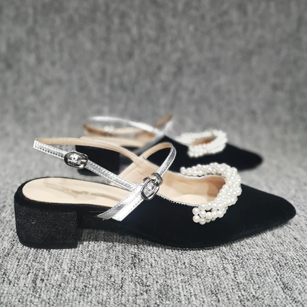 Chic / Beautiful Black Casual Pearl Womens Sandals 2020 Slingbacks 4 cm Thick Heels Low Heel Pointed Toe Sandals