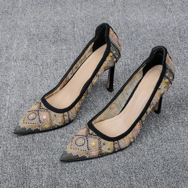 Schöne Schwarz Strassenmode Pumps 2020 Strass Spitze Blumen 9 cm Stilettos Spitzschuh Pumps
