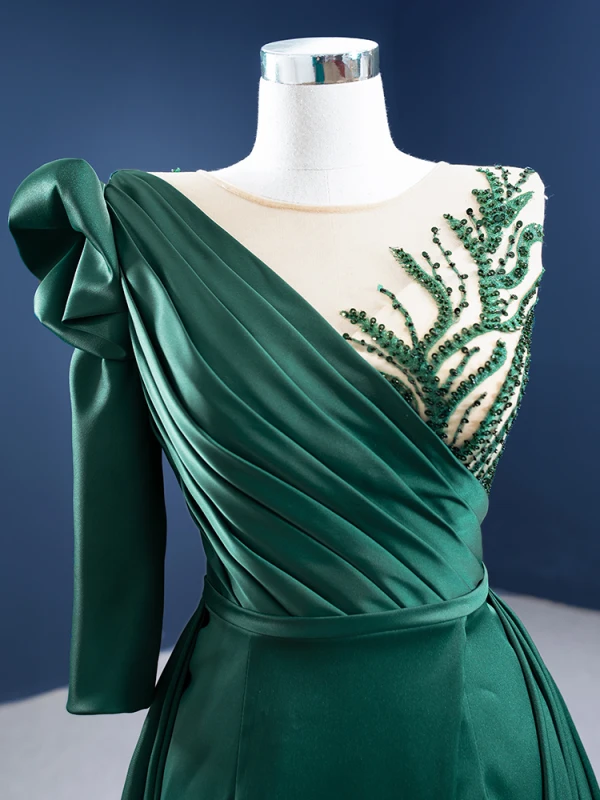 Elegant High-end Dark Green Satin Evening Dresses  2021 A-Line / Princess Scoop Neck Beading Sequins 3/4 Sleeve Sash Chapel Train Evening Party Formal Dresses