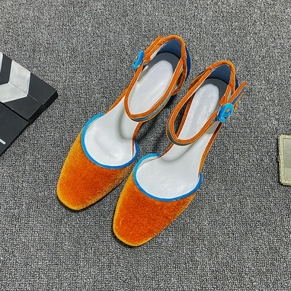 Chic / Belle Orange Cocktail Daim Sandales Femme 2020 Bride Cheville 4 cm Talons Épais Talon Bas À Bout Pointu Sandales