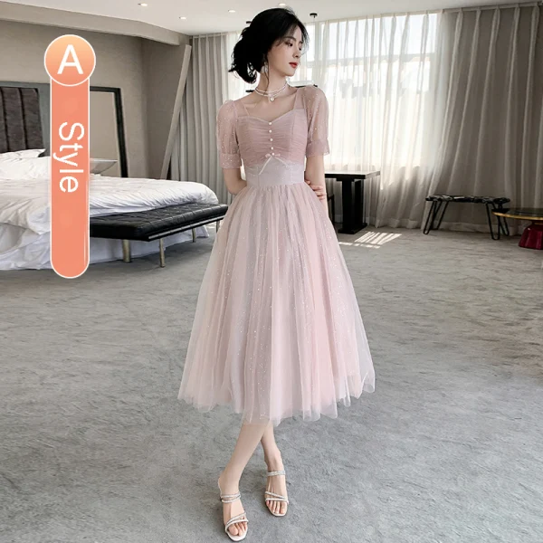 Chic / Beautiful Blushing Pink Bridesmaid Dresses 2021 A-Line / Princess Square Neckline Pearl Sequins Short Sleeve Backless Tea-length Bridesmaid Wedding Party Dresses