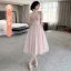 Chic / Beautiful Blushing Pink Bridesmaid Dresses 2021 A-Line / Princess Square Neckline Pearl Sequins Short Sleeve Backless Tea-length Bridesmaid Wedding Party Dresses