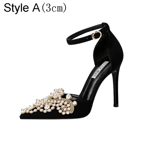 Charming Black Evening Party Leather Pearl Rhinestone Womens Shoes 2021 Ankle Strap 10 cm Stiletto Heels Pointed Toe High Heels