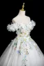Fairytale Multi-Colors Lace Flower Appliques Pearl White Prom Dresses 2025 Ball Gown Off-The-Shoulder Short Sleeve Backless Floor-Length / Long Prom Formal Dresses