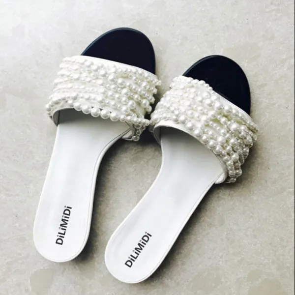 Enkla Svarta Sommar Casual Pärla Toffel & Flip flops 2020 Peep Toe Platt Damskor