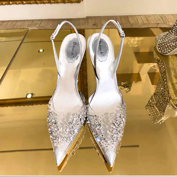 Charmant Rougissant Rose Cocktail Faux Diamant Sandales Femme 2020 Slingbacks 7 cm Talons Aiguilles À Bout Pointu Sandales