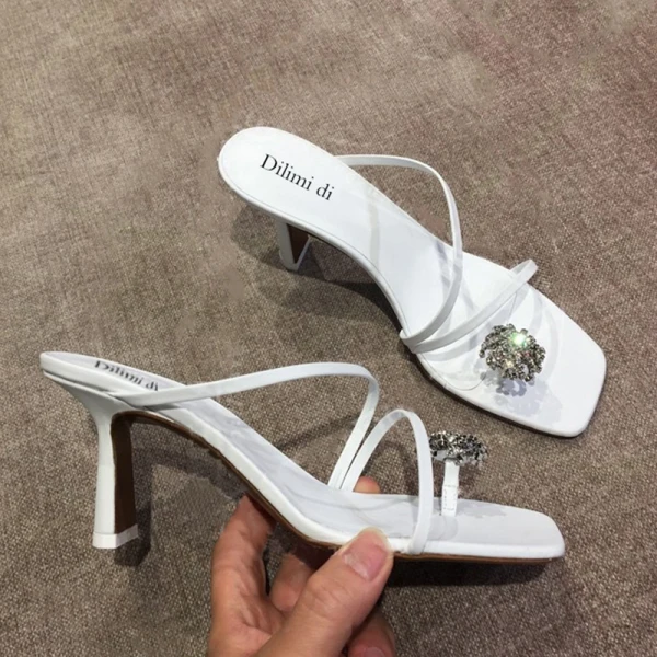 Modest / Simple Black Street Wear Rhinestone Womens Sandals 2020 7 cm Stiletto Heels Open / Peep Toe Sandals