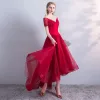 Chic / Beautiful Burgundy Evening Dresses  2018 A-Line / Princess Asymmetrical Short Sleeve V-Neck Backless Formal Dresses