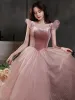 Vintage / Retro Suede Dusky Pink Prom Dresses 2021 A-Line / Princess Sleeveless Backless Square Neckline Tea-length Prom Formal Dresses