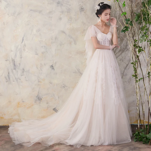 Elegant Champagne Wedding Dresses 2018 A-Line / Princess Lace V-Neck Backless Short Sleeve Court Train Wedding