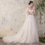 Elegant Champagne Wedding Dresses 2018 A-Line / Princess Lace V-Neck Backless Short Sleeve Court Train Wedding