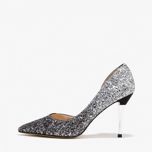 Sparkly Silver Grey Evening Party Sequins Womens Sandals 2020 9 cm Stiletto Heels Pointed Toe Pumps