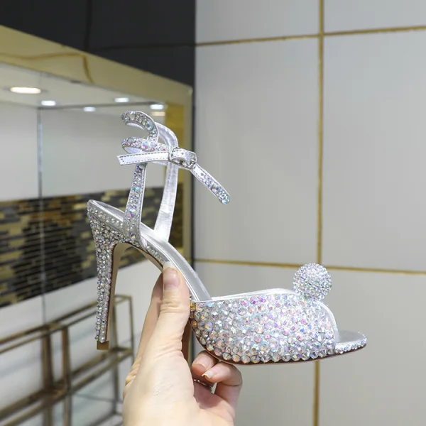 Sparkly Silver Rhinestone Wedding Shoes 2020 Leather Ankle Strap 10 cm Stiletto Heels Open / Peep Toe Wedding Sandals