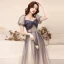 Fashion Navy Blue Glitter Prom Dresses 2021 A-Line / Princess Square Neckline Beading Crystal Short Sleeve Floor-Length / Long Prom Formal Dresses