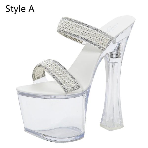 Transparent Amazing / Unique White Rave Club Womens Sandals 2020 Pearl Rhinestone 17 cm Thick Heels Open / Peep Toe Sandals