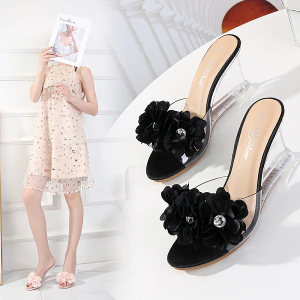 Simple Noire Vêtement de rue Sandales Femme 2020 Appliques Faux Diamant 8 cm Compensées Peep Toes / Bout Ouvert Sandales