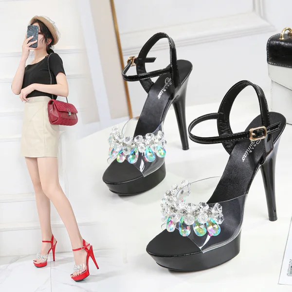 Sexy Noire Club de carnaval Faux Diamant Sandales Femme 2020 Bride Cheville 15 cm Talons Aiguilles Peep Toes / Bout Ouvert Sandales