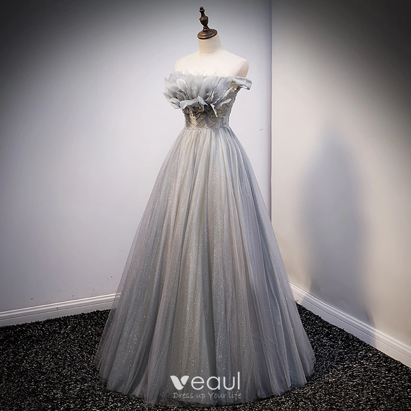 Fashion Silver Glitter Prom Dresses 2021 A-Line / Princess Off-The-Shoulder  Beading Pearl Sequins Sleeveless Backless Floor-Length / Long Prom Formal  Dresses