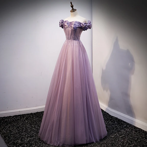 Elegante Violett Ballkleider 2021 A Linie Off Shoulder Perlenstickerei Kurze Ärmel Rückenfreies Lange Ball Festliche Kleider
