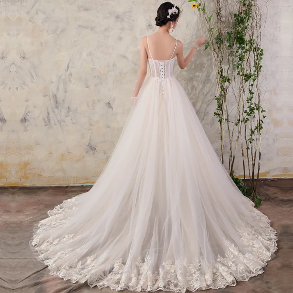 Chic / Beautiful Champagne Wedding Dresses 2018 A-Line / Princess Appliques Pearl Organza Spaghetti Straps Backless Sleeveless Court Train Wedding