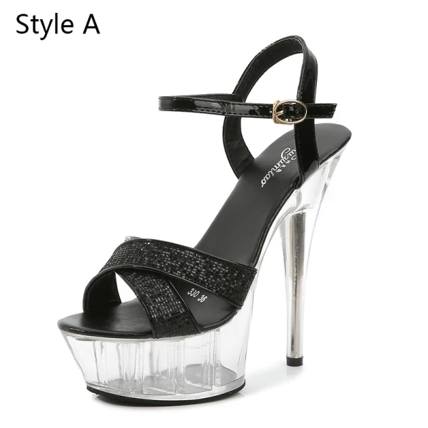 Charmant Noire Club de carnaval Paillettes Sandales Femme 2020 Bride Cheville 14 cm Talons Aiguilles Peep Toes / Bout Ouvert Sandales