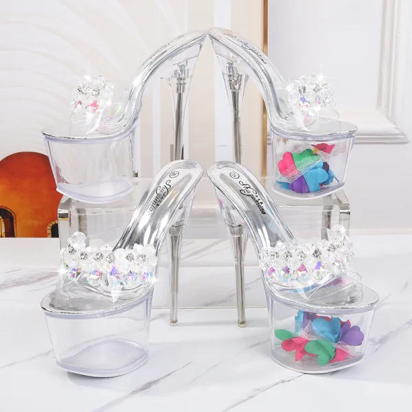 Charming Silver Rave Club Crystal Womens Sandals 2020 Rhinestone 17 cm Stiletto Heels Open / Peep Toe Sandals