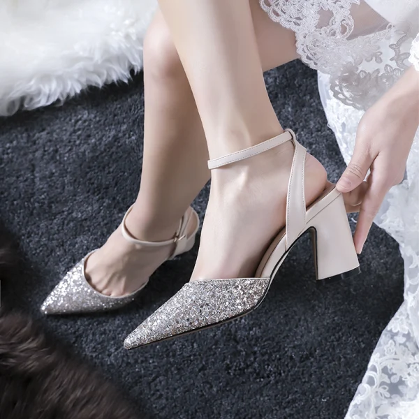 Uroczy Szampan Złote Cekiny Buty Ślubne 2020 Z Paskiem 11 cm Grubym Obcasie Szpiczaste Ślub Sandały
