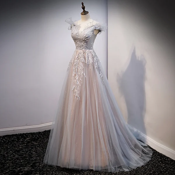 Chic / Beautiful Grey Evening Dresses Prom Dresses 2021 A-Line / Princess Off-The-Shoulder Beading Sequins Lace Flower Sleeveless Backless Sweep Train Evening Party Prom Formal Dresses