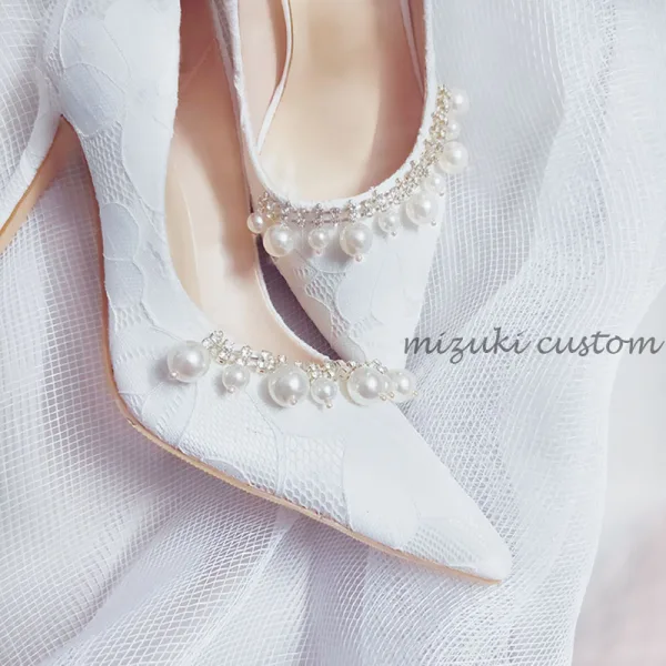 Elegant White Wedding Lace Wedding Shoes 2020 Leather Pearl Rhinestone 9 cm Stiletto Heels Pointed Toe Pumps