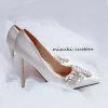 Elegante Weiß Sandalen Damen 2020 Perle Strass 9 cm Stilettos Spitzschuh Hochzeit Pumps