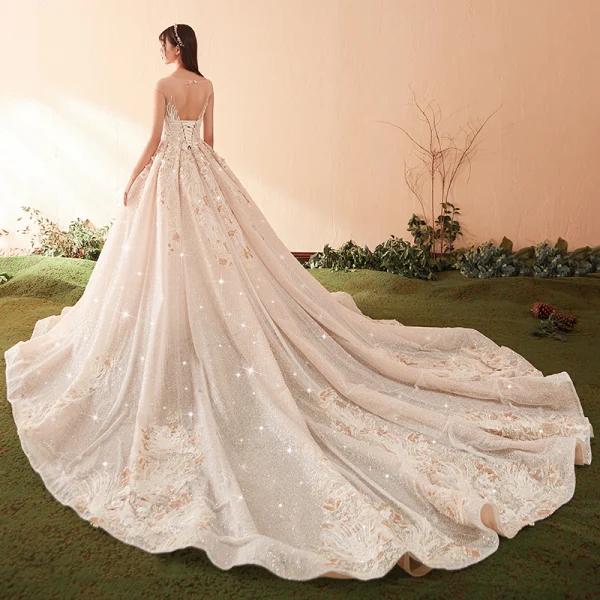 Luxury / Gorgeous Champagne Wedding Dresses 2018 Ball Gown Lace Appliques Beading Crystal Sequins Scoop Neck Backless Sleeveless Cathedral Train Wedding