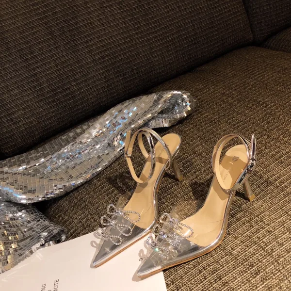 Transparent Sexy Ivory Evening Party Womens Sandals 2020 Rhinestone Ankle Strap 8 cm Stiletto Heels Pointed Toe Sandals